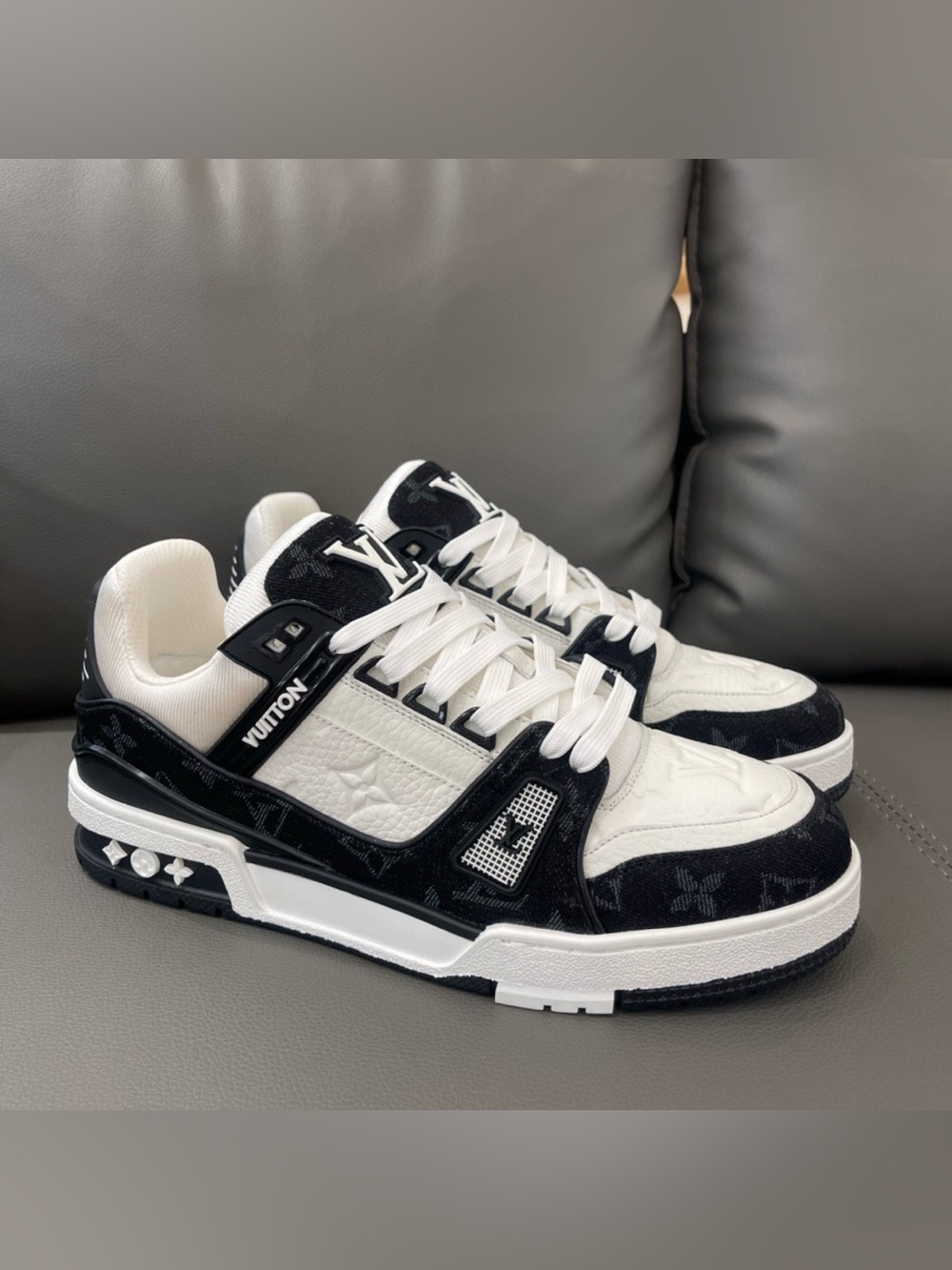 LV Trainer Low Top Black & White Monogram Leather Casual Shoes